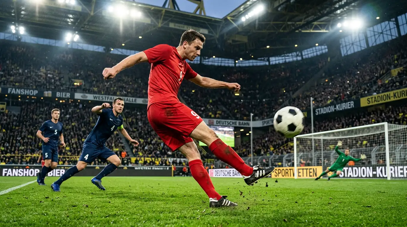 Spielszene auf dem Naturrasen eines Bundesliga-Stadions als Sinnbild für die hohe Torquote der Liga