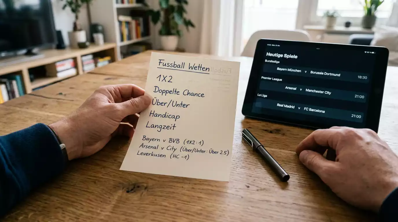Person prüft an einem Tisch einen ausgedruckten Wettschein mit verschiedenen Bundesliga-Wettarten