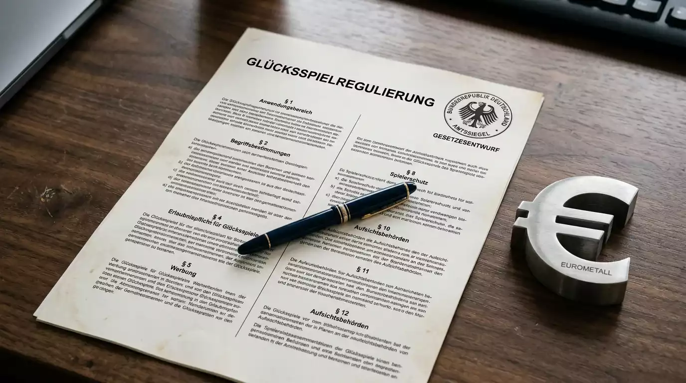 Amtliches Regulierungsdokument zum deutschen Glücksspielrecht mit einem symbolischen Euro-Zeichen auf einem Schreibtisch