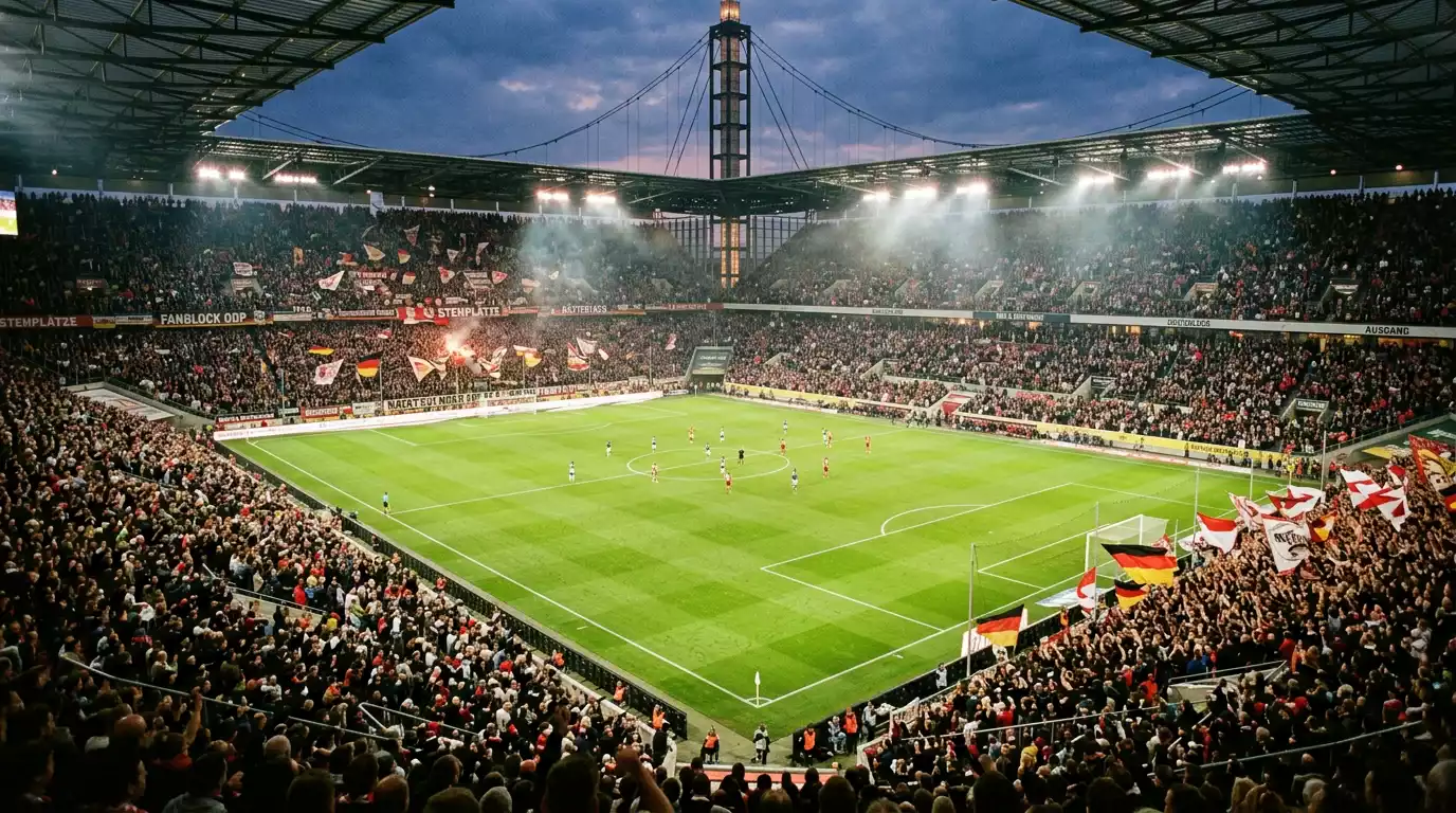 Volles Bundesliga-Fußballstadion bei Flutlicht als Sinnbild für den Milliarden-Wettmarkt in Deutschland